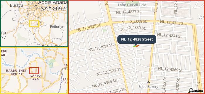 Map showing the address of NL_12_4828 Street in three different zoom levels.