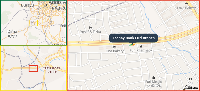 Map showing the address of Tsehay Bank Furi Branch in three different zoom levels.