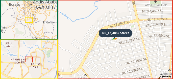 Map showing the address of NL_12_4882 Street in three different zoom levels.