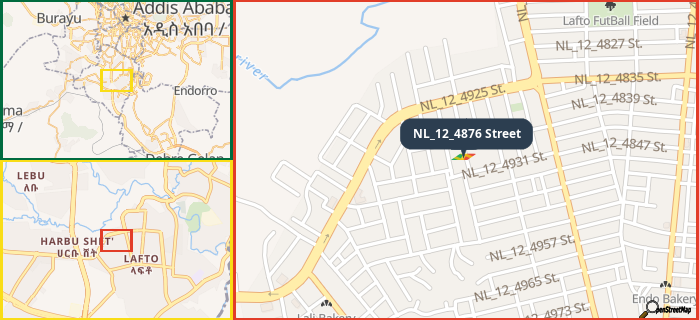 Map showing the address of NL_12_4876 Street in three different zoom levels.