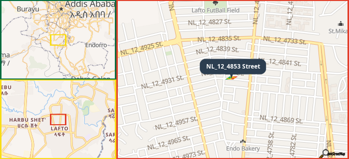 Map showing the address of NL_12_4853 Street in three different zoom levels.