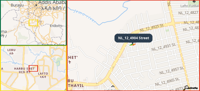 Map showing the address of NL_12_4904 Street in three different zoom levels.