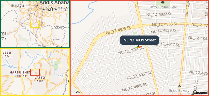 Map showing the address of NL_12_4931 Street in three different zoom levels.