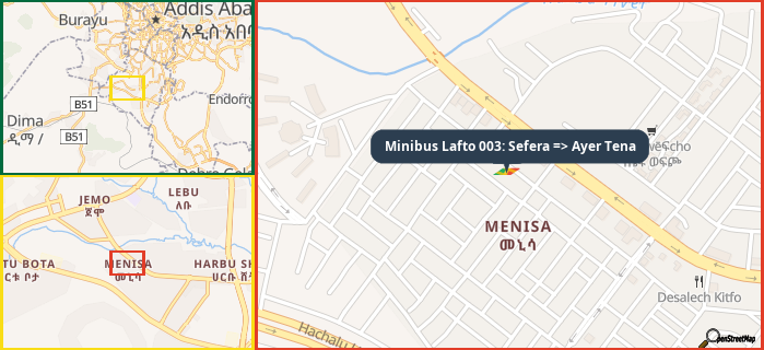 Map showing the address of Minibus Lafto 003: Sefera => Ayer Tena in three different zoom levels.