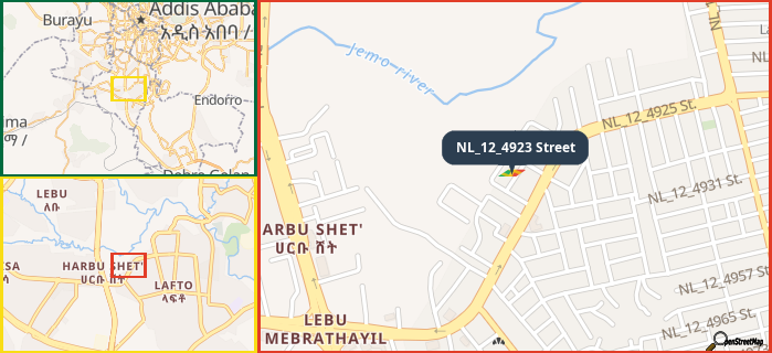 Map showing the address of NL_12_4923 Street in three different zoom levels.