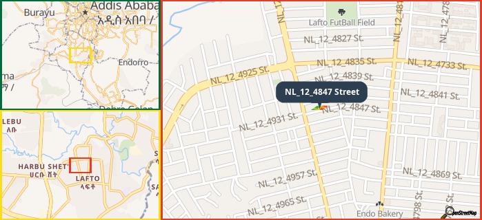 Map showing the address of NL_12_4847 Street in three different zoom levels.