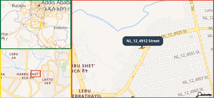 Map showing the address of NL_12_4912 Street in three different zoom levels.