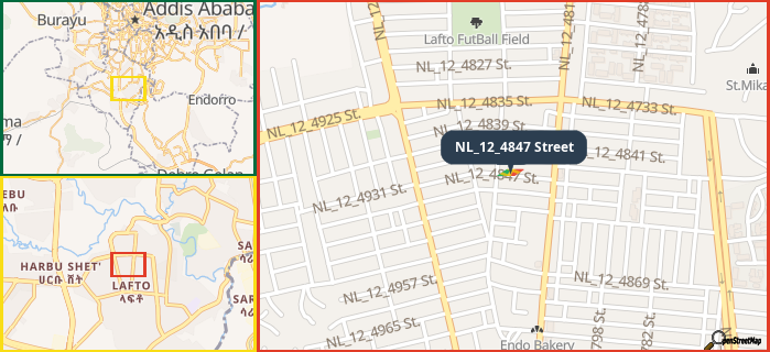 Map showing the address of NL_12_4847 Street in three different zoom levels.