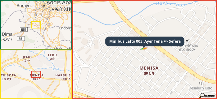 Map showing the address of Minibus Lafto 003: Ayer Tena => Sefera in three different zoom levels.