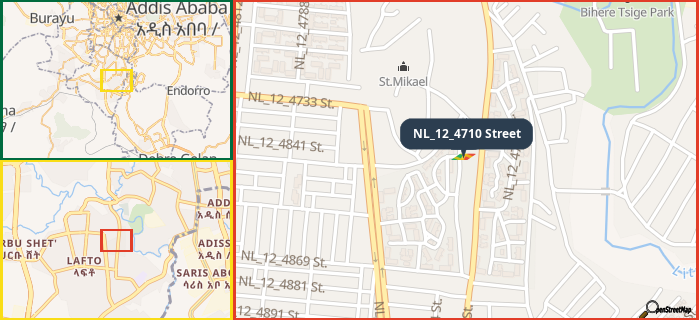 Map showing the address of NL_12_4710 Street in three different zoom levels.