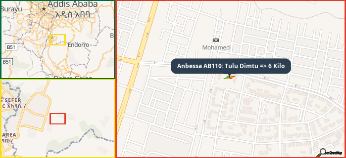 Map showing the address of Anbessa AB110: Tulu Dimtu => 6 Kilo in three different zoom levels.