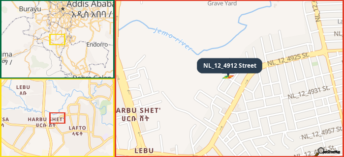 Map showing the address of NL_12_4912 Street in three different zoom levels.