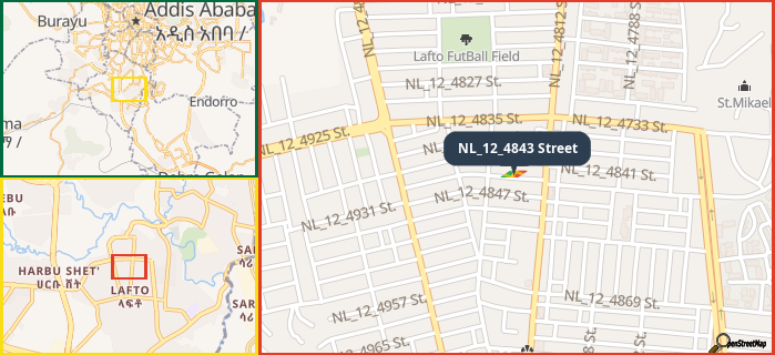 Map showing the address of NL_12_4843 Street in three different zoom levels.