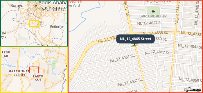 Map showing the address of NL_12_4865 Street in three different zoom levels.