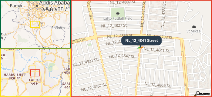 Map showing the address of NL_12_4841 Street in three different zoom levels.