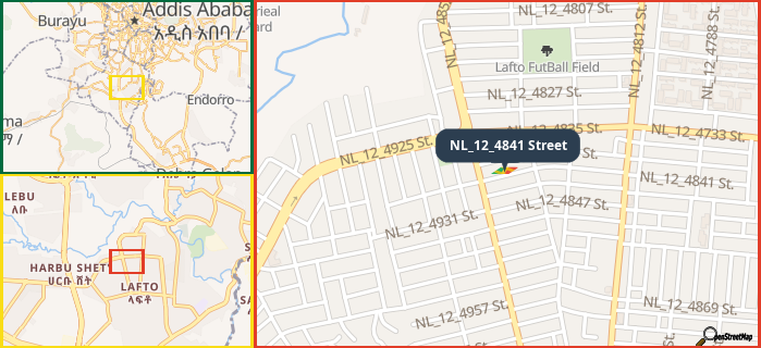 Map showing the address of NL_12_4841 Street in three different zoom levels.