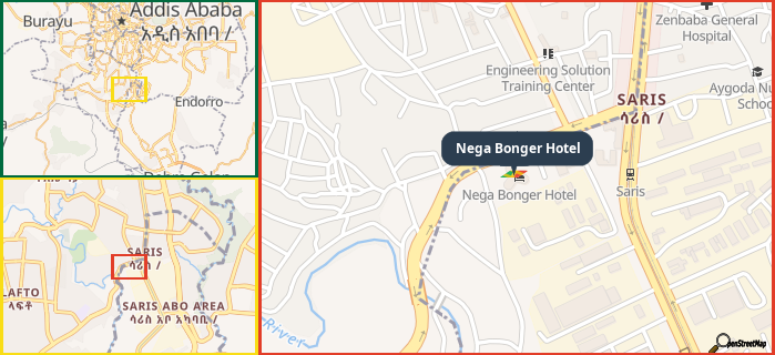 Map showing the address of Nega Bonger Hotel in three different zoom levels.