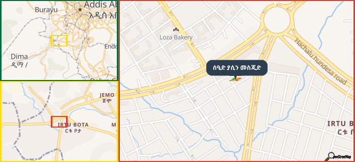 Map showing the address of ሰዒድ ያሲን መስጂድ in three different zoom levels.