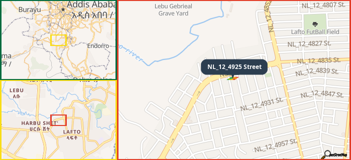 Map showing the address of NL_12_4925 Street in three different zoom levels.