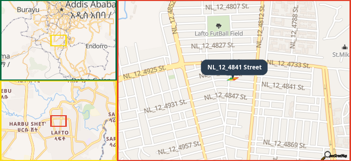 Map showing the address of NL_12_4841 Street in three different zoom levels.