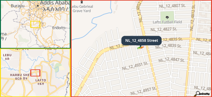 Map showing the address of NL_12_4858 Street in three different zoom levels.