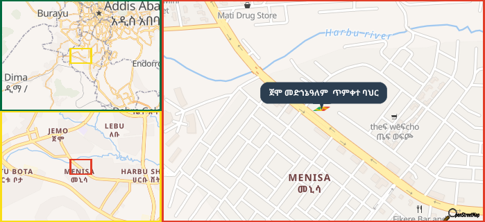 Map showing the address of ጀሞ መድኀኔዓለም  ጥምቀተ ባህር in three different zoom levels.