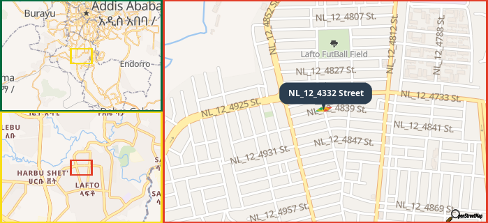 Map showing the address of NL_12_4332 Street in three different zoom levels.