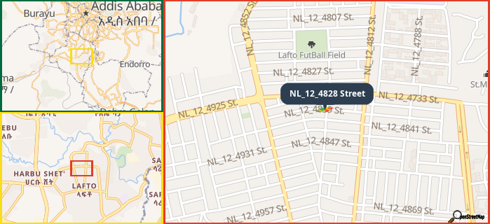 Map showing the address of NL_12_4828 Street in three different zoom levels.