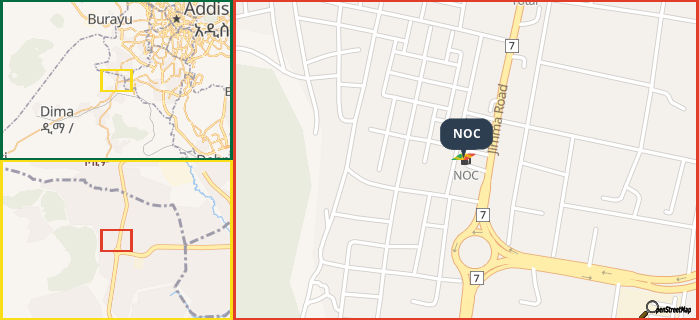 Map showing the address of NOC in three different zoom levels.