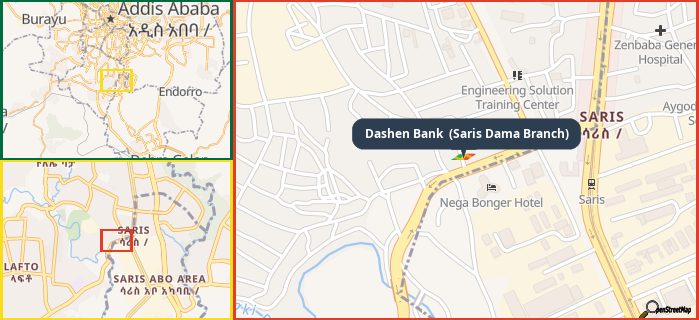 Map showing the address of Dashen Bank  (Saris Dama Branch) in three different zoom levels.