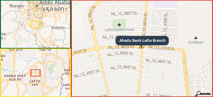 Map showing the address of Ahadu Bank Lafto Branch in three different zoom levels.