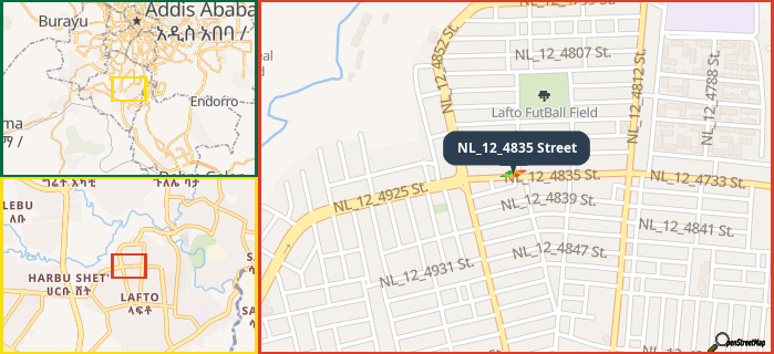 Map showing the address of NL_12_4835 Street in three different zoom levels.