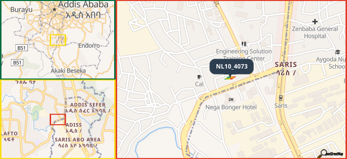 Map showing the address of NL10_4073 in three different zoom levels.