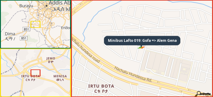 Map showing the address of Minibus Lafto 019: Gofa => Alem Gena in three different zoom levels.