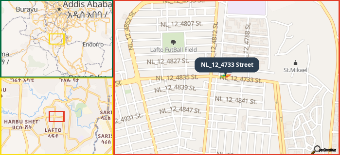 Map showing the address of NL_12_4733 Street in three different zoom levels.