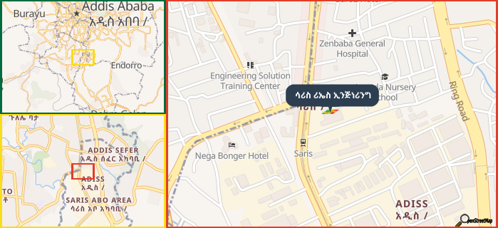 Map showing the address of ሳሪስ ሪኤስ ኢንጅነሪንግ in three different zoom levels.