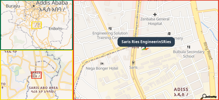 Map showing the address of Saris Ries EngineerinSRies in three different zoom levels.