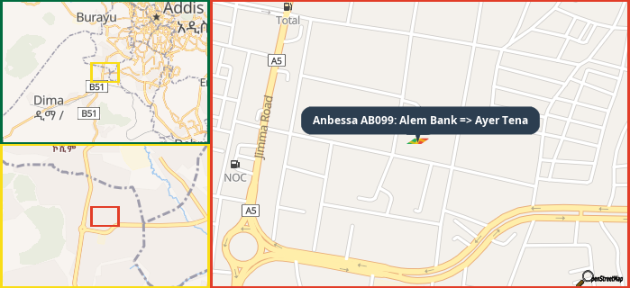 Map showing the address of Anbessa AB099: Alem Bank => Ayer Tena in three different zoom levels.