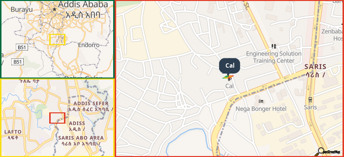 Map showing the address of Cal in three different zoom levels.