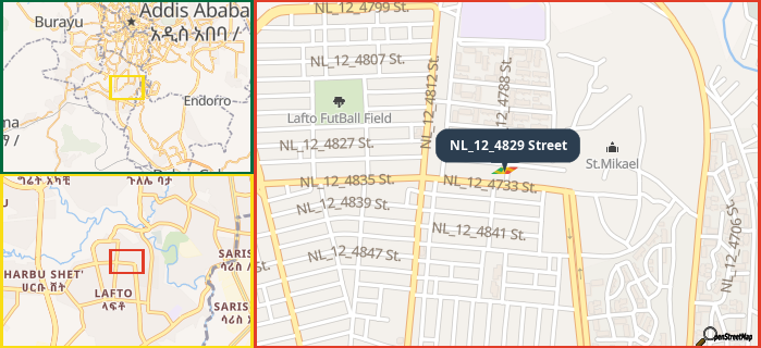 Map showing the address of NL_12_4829 Street in three different zoom levels.