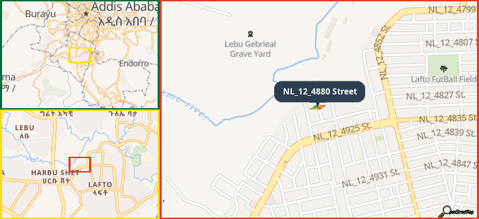 Map showing the address of NL_12_4880 Street in three different zoom levels.