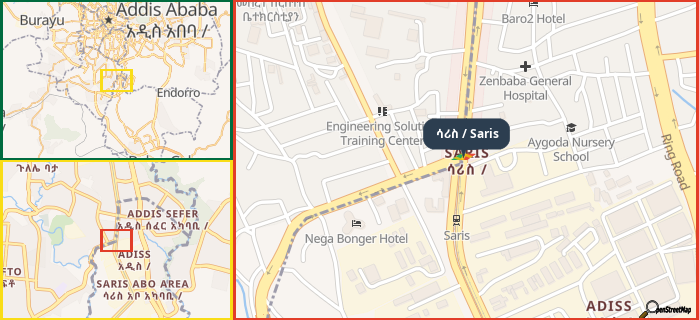 Map showing the address of ሳሪስ / Saris in three different zoom levels.