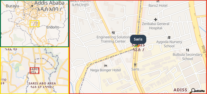 Map showing the address of Saris in three different zoom levels.