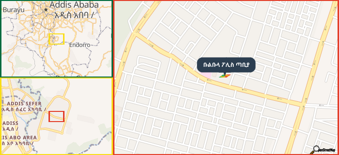 Map showing the address of ቡልቡላ ፖሊስ ጣቢያ in three different zoom levels.