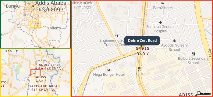 Map showing the address of Debre Zeit Road in three different zoom levels.