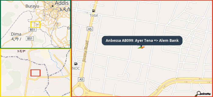Map showing the address of Anbessa AB099: Ayer Tena => Alem Bank in three different zoom levels.
