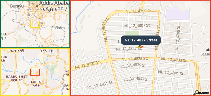 Map showing the address of NL_12_4827 Street in three different zoom levels.