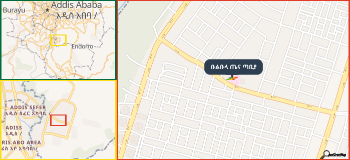 Map showing the address of ቡልቡላ ጤና ጣቢያ in three different zoom levels.