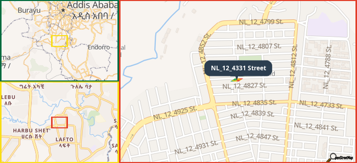 Map showing the address of NL_12_4331 Street in three different zoom levels.