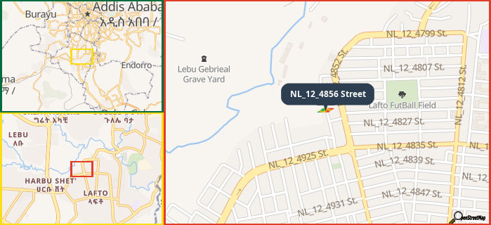 Map showing the address of NL_12_4856 Street in three different zoom levels.